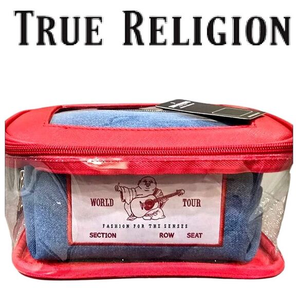 True Religion Transparent & World Tour Denim Logo Toiletry Travel Bags - Picture 1 of 8